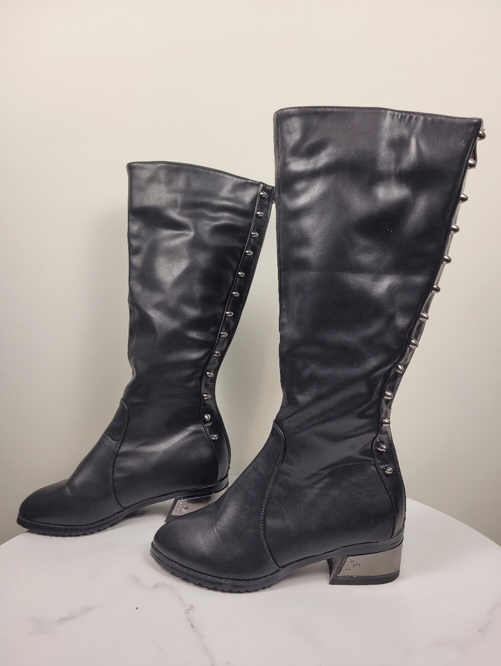 Y2K Black Leather Silver Stud Zip Up Boots Shoes Size: 7.5US